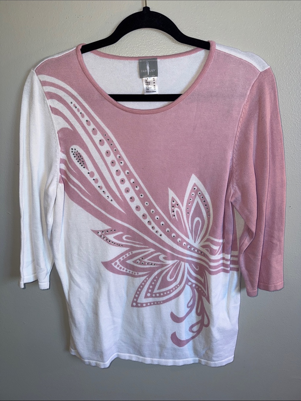 Fair Lady Pink & White Floral-Print Long Sleeve Crewneck Top with Rinestones